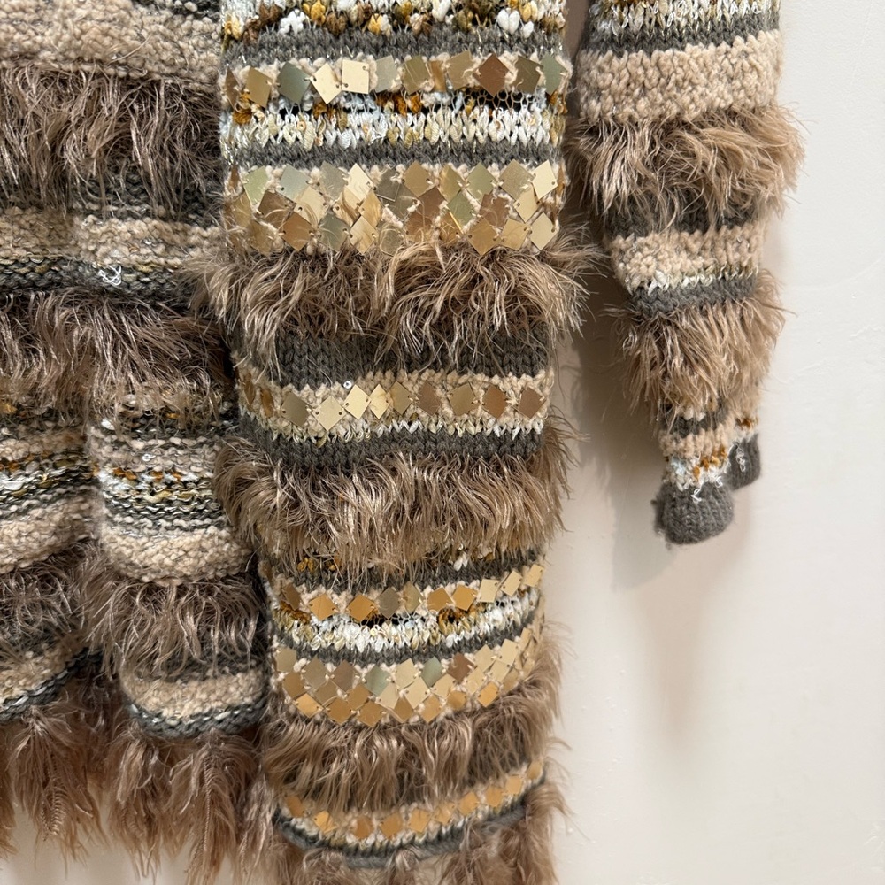 Chicos Open Front Cardigan Sweater Sequin Faux Fur Trim Striped Gold Size 0 - Picture 5 of 11
